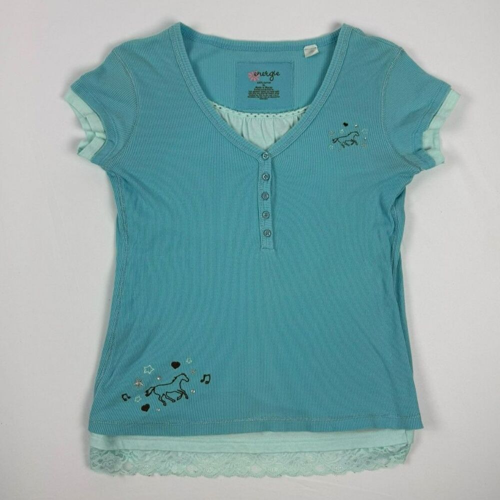 Energie Y2K Turquoise 100% Cotton Layered Horse Henley Top - XS/S